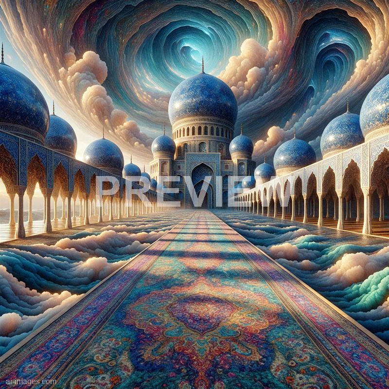 A fantastical depiction of an ornate palace or temple with large blue domes and intricate architectural details, seemingly floating above clouds. The structure extends into the distance, with a vivid, swirling sky overhead featuring dramatic clouds and a vortex-like formation in the center, creating a surreal and otherworldly atmosphere. A richly patterned rug runs down the middle of the scene, adding to the majestic and dreamlike quality of the image.